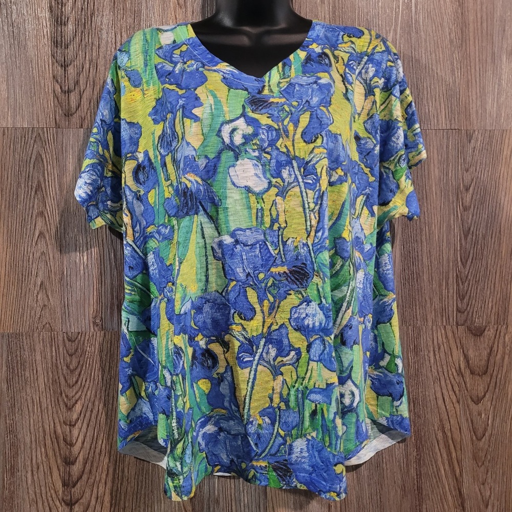 Jess & Jane Lightweight Knit Shirt XL Abstract Blue Floral V-Neck Art to Wear